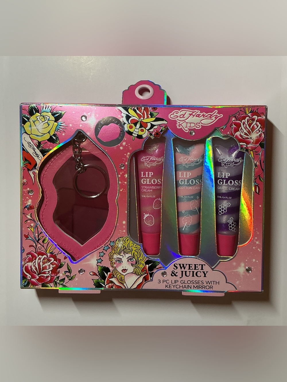 Ed Hardy Sweet & Juicy Lip Gloss Set w/Pink Keychain Mirror - Kids